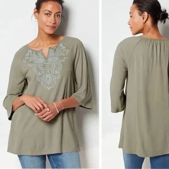NWT J. Jill Womens 2X Plus Tunic Top Embroidered Olive Blue Boho Hippie - Picture 1 of 9